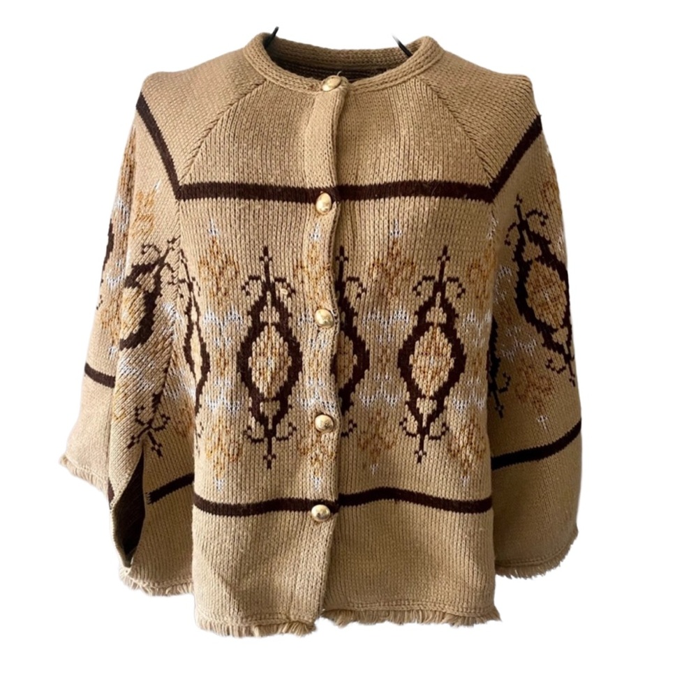 VTG 1970s Poncho Southwestern Aztec Knit Sweater Cape | Boho Hippie Style. OS